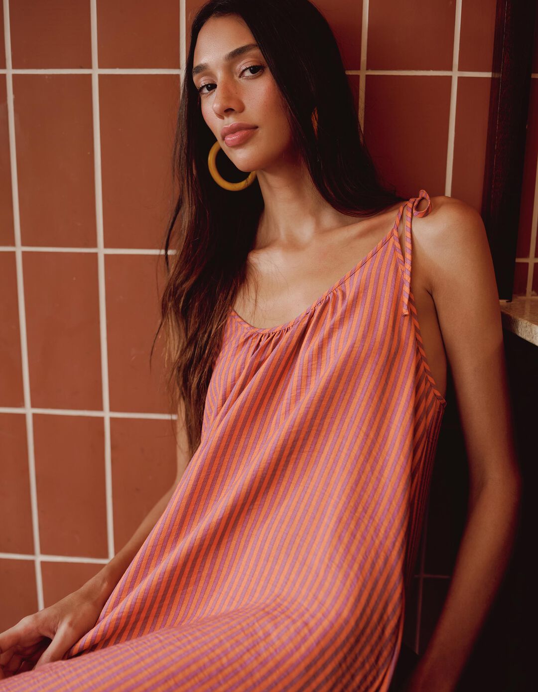 Vestido Riscas, Mulher, Laranja Escuro