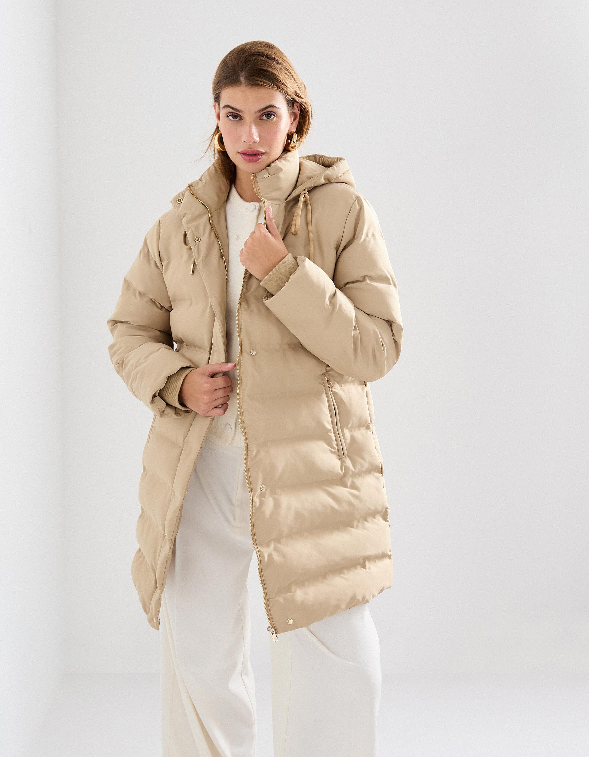 Comprar Online Casaco Acolchoado Comprido, Mulher, Bege Claro