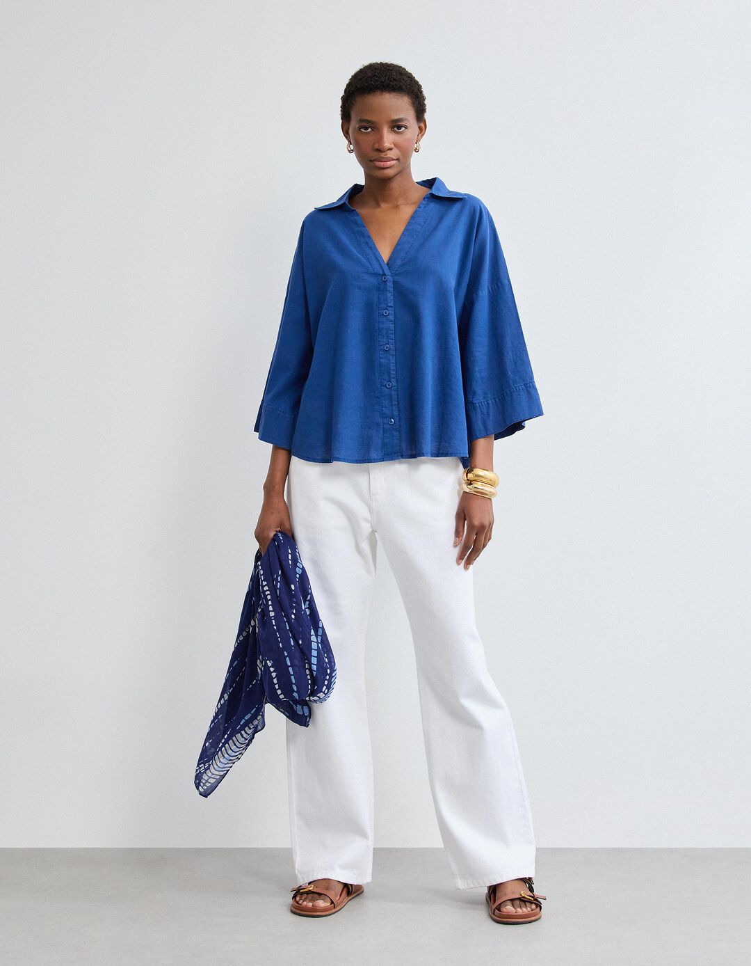 Blusa com Linho, Mulher, Azul