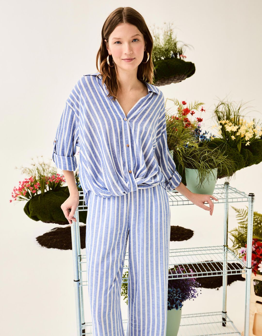 Blusa Riscas com Linho, Mulher, Azul