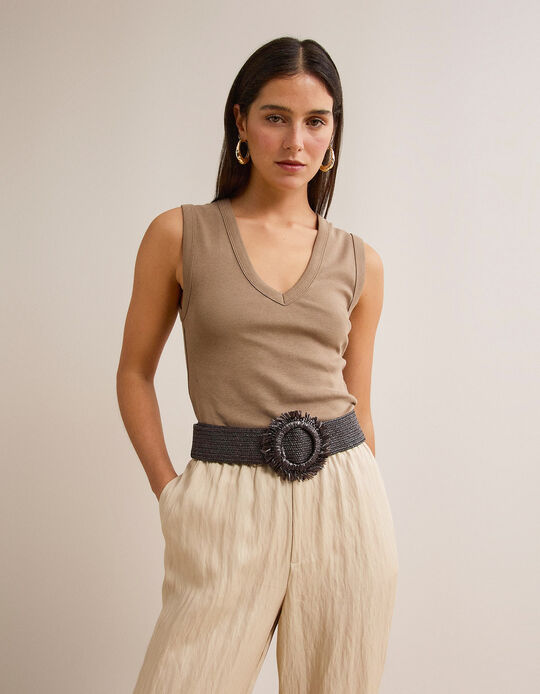 Comprar Online Top Canelado, Mulher, Bege Escuro