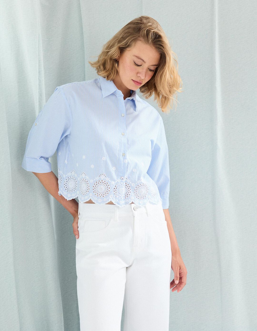 Blusa com Bordado, Mulher, Azul 