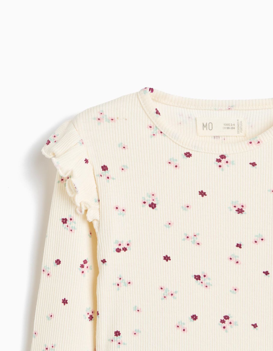 Camisola Canelada Com Flores, Menina, Bege Claro