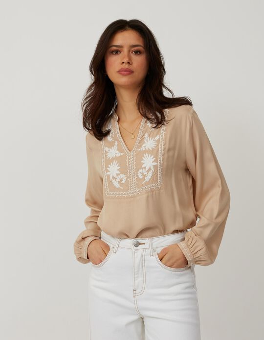 Blouse with Floral Embroidery, Women, Beige