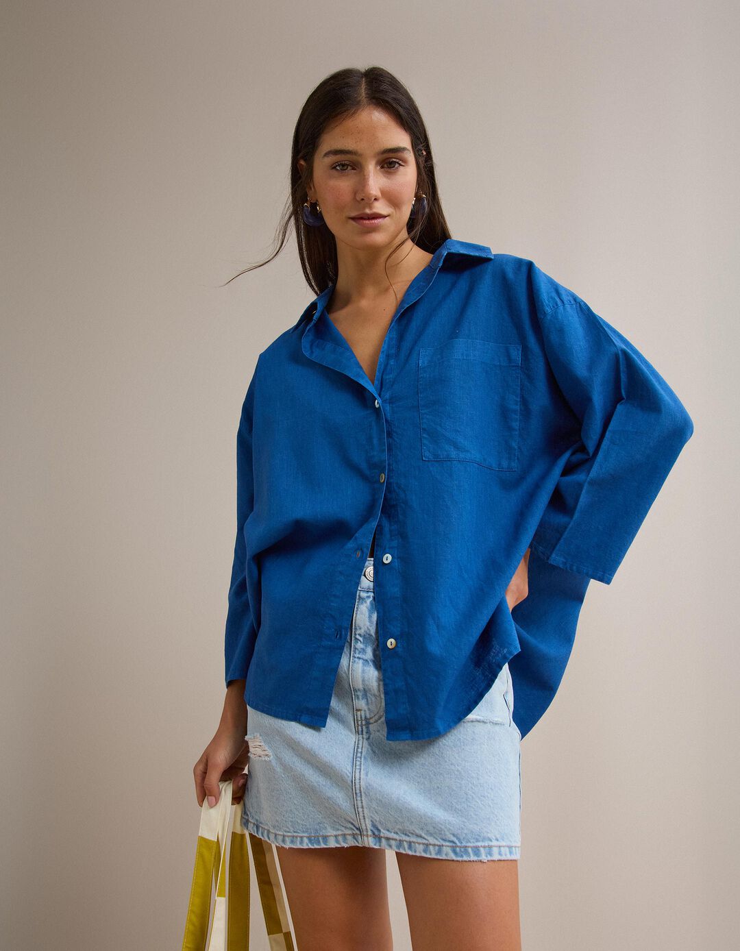 Blusa com Linho, Mulher, Azul 