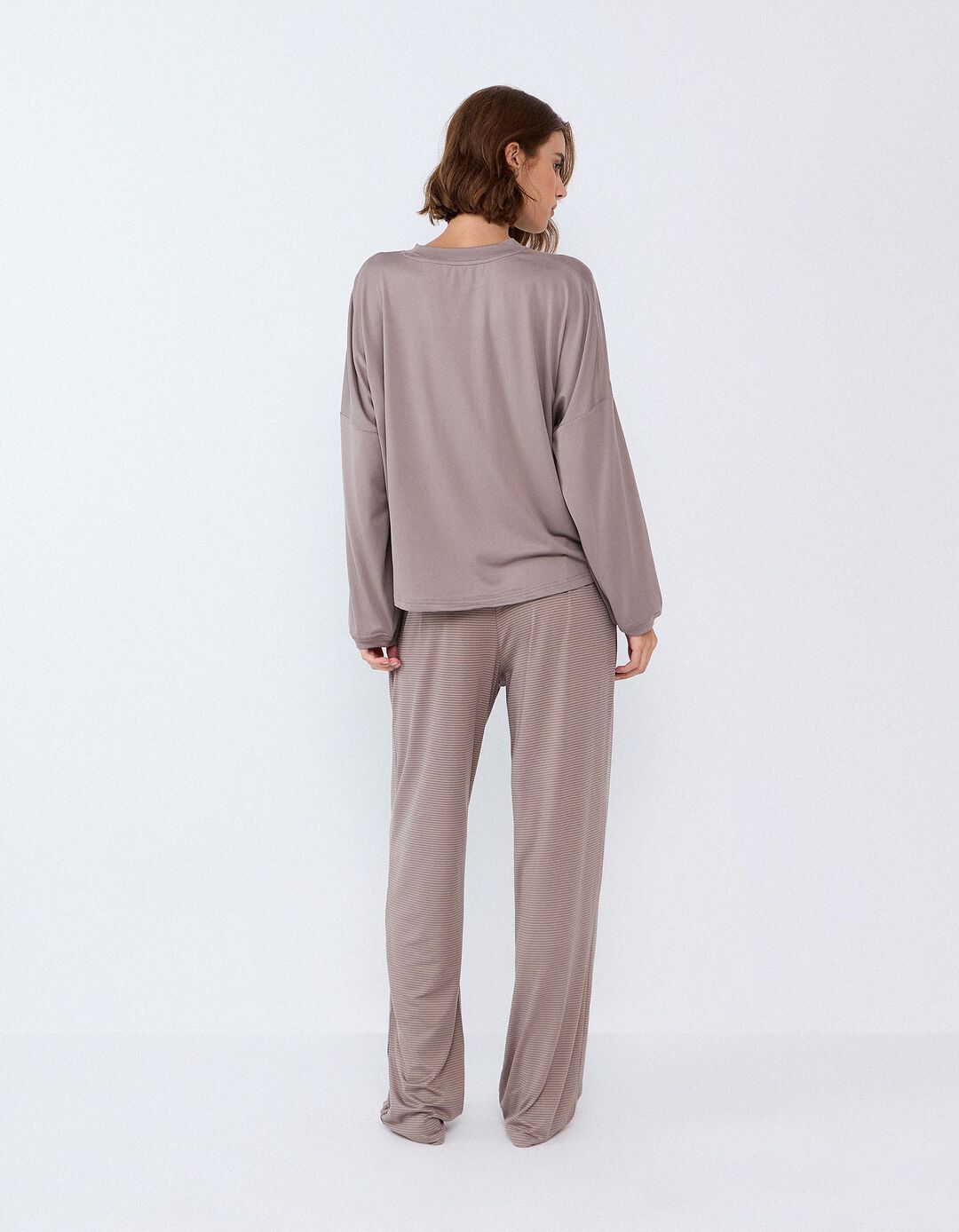 Pijama De Malha &Agrave;s Riscas, Mulher, Bege Escuro