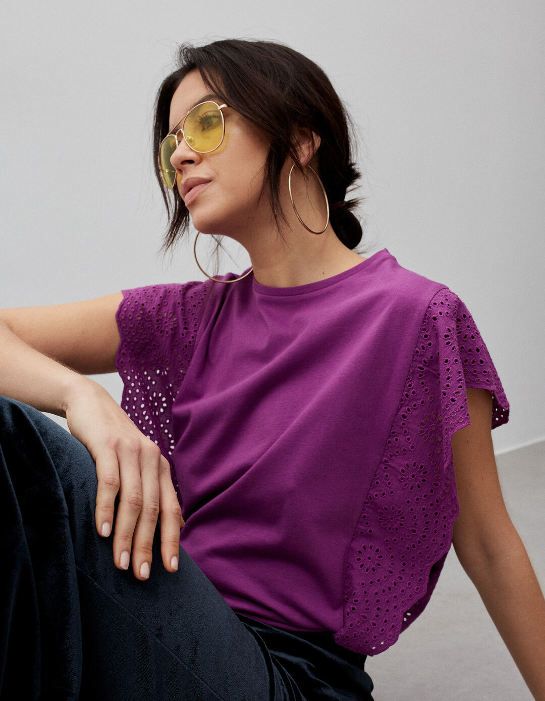 English Embroidered T-shirt, Woman, Dark Purple