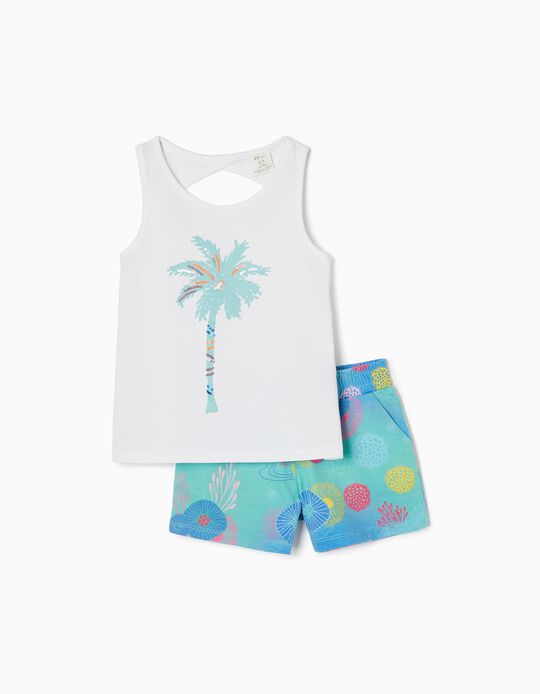 Top + Shorts for Girls 'Tropical', White/Aqua Green