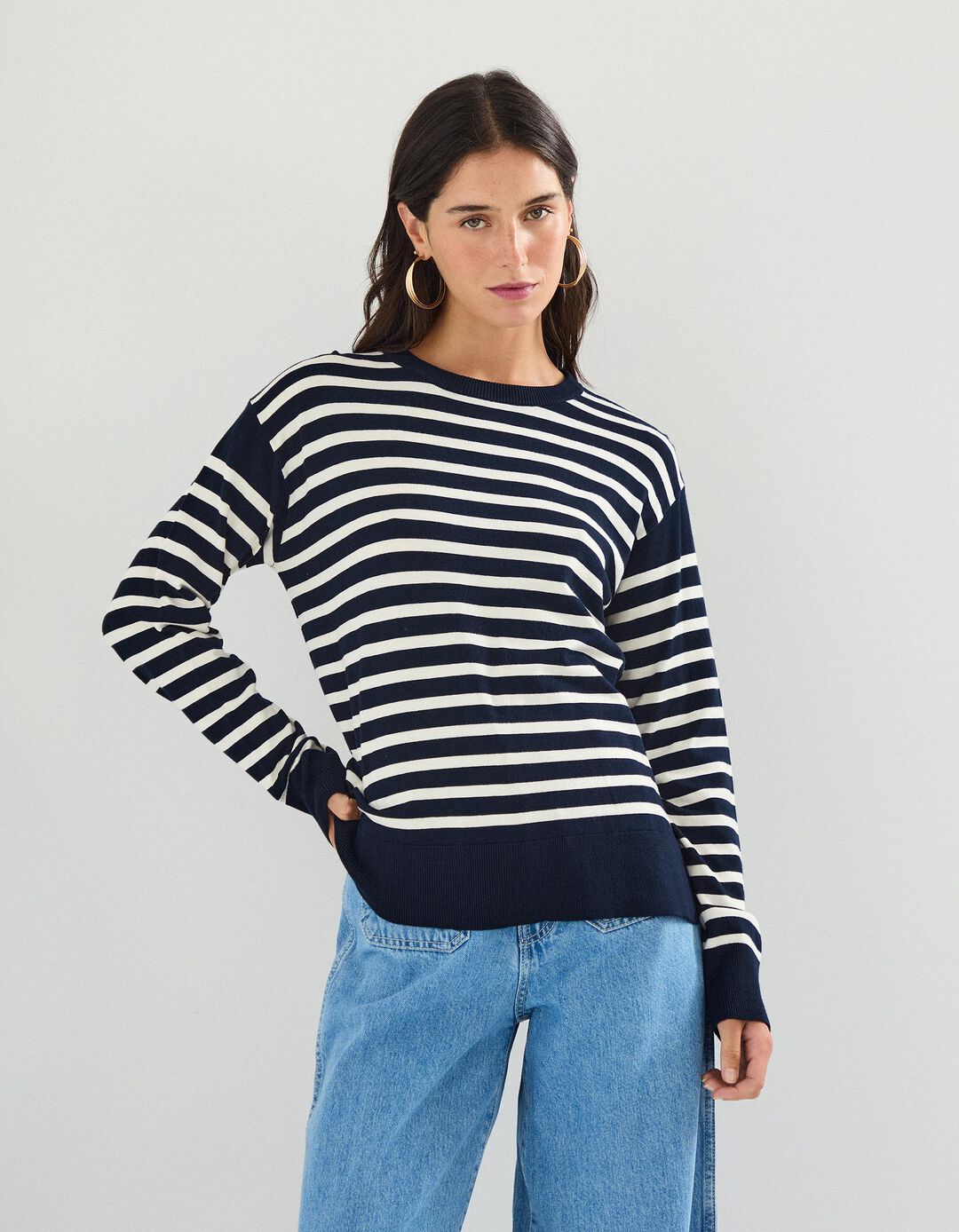 Camisola de Malha com Riscas, Mulher, Azul Escuro