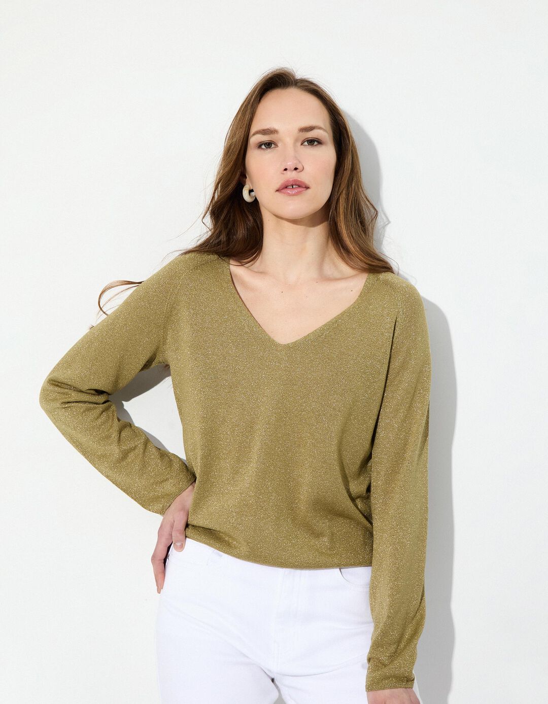 Camisola Decote em V, Mulher, Verde