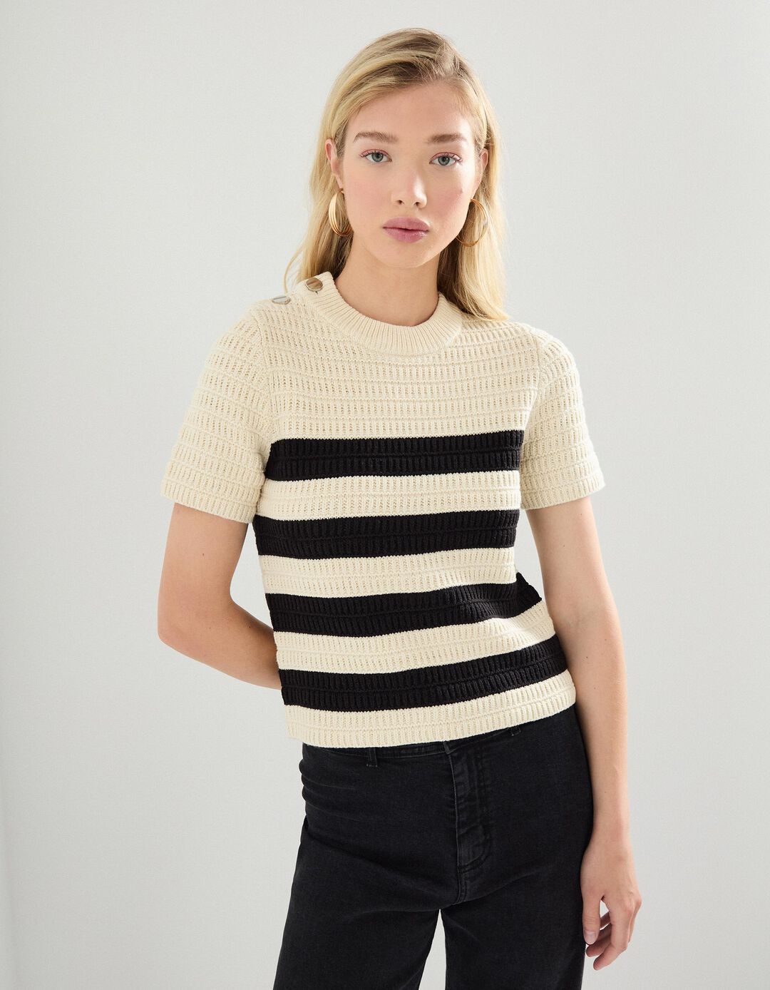Camisola Riscas de Malha, Mulher, Cru 