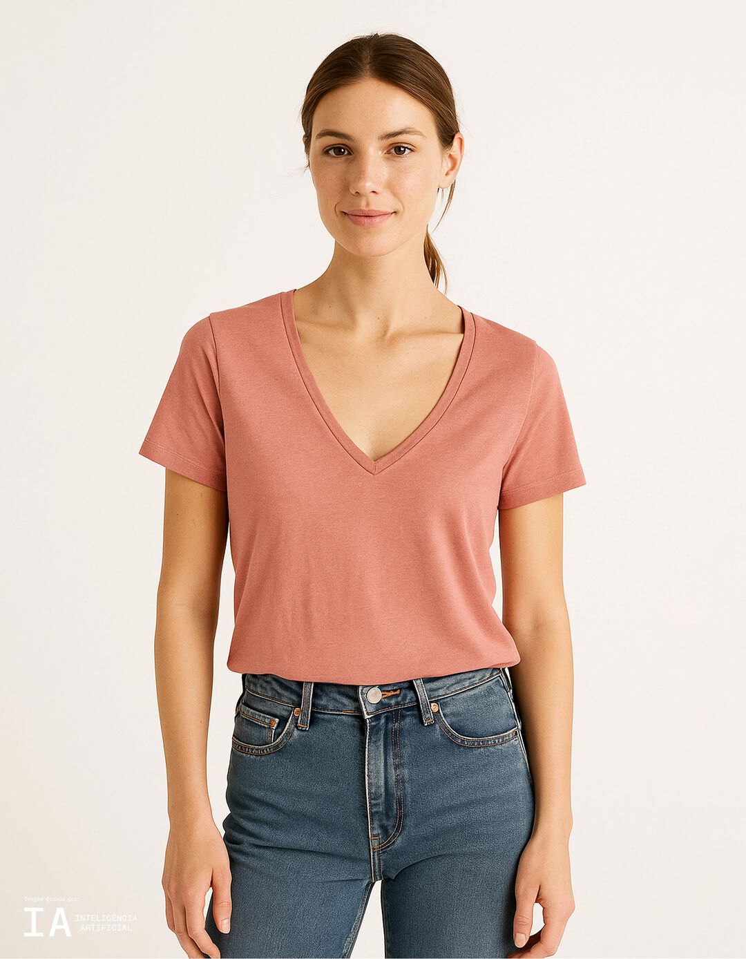 T-shirt Decote em V, Mulher, Rosa Escuro