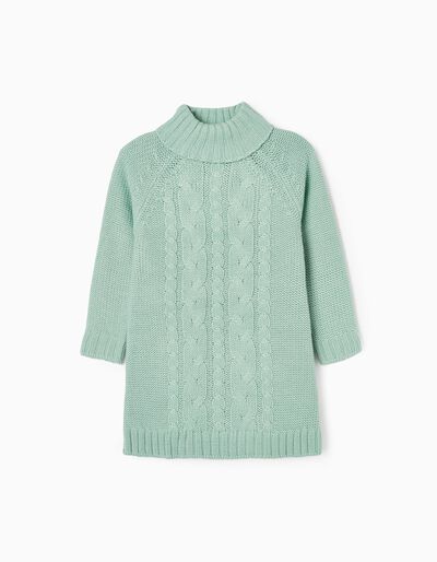 Braided Knit Dress for Girls, Aqua Green