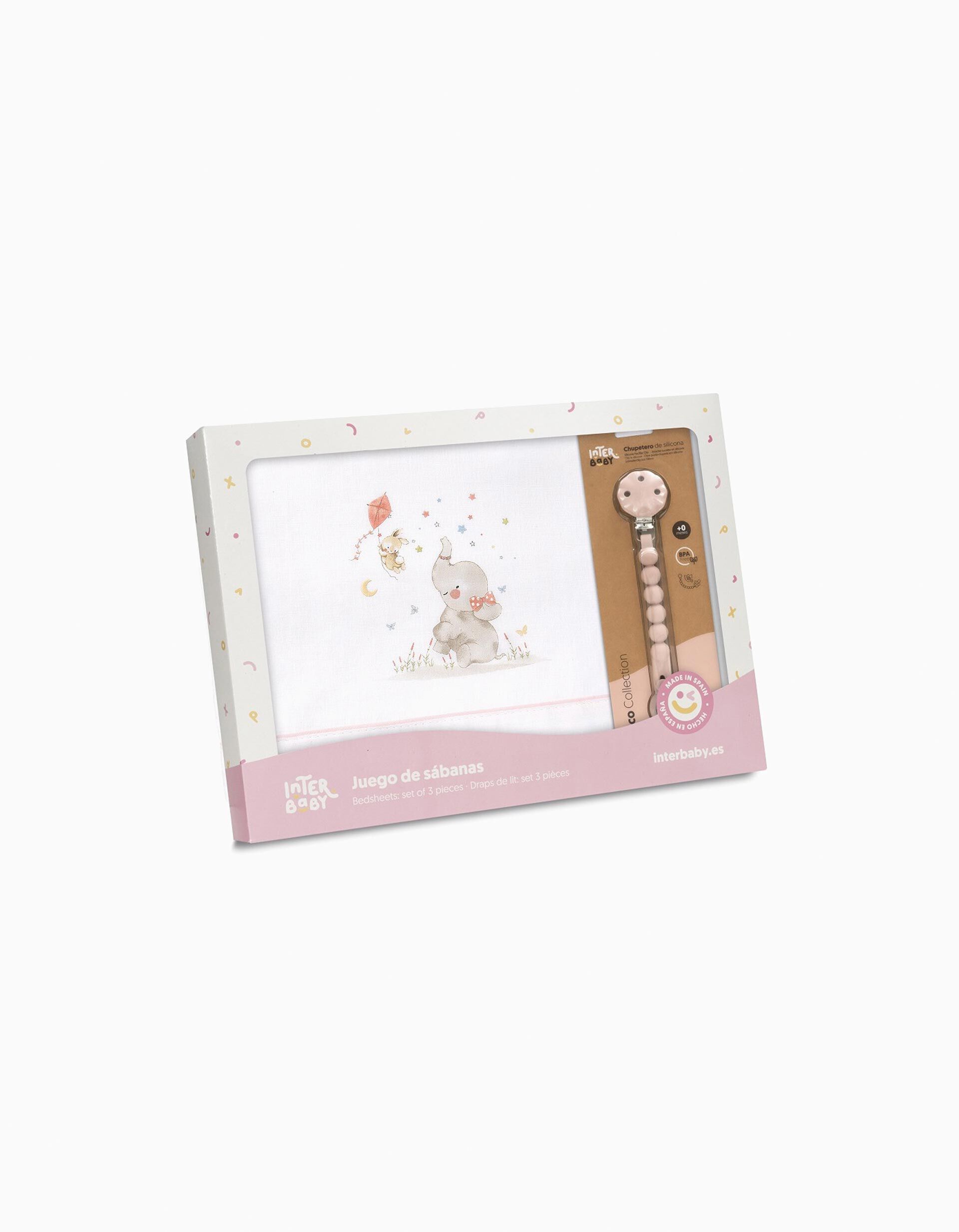 Comprar Online Conjunto De Len&ccedil;&oacute;is de Algod&atilde;o 3 Pcs Interbaby Elephant 60x120 cm, Rosa