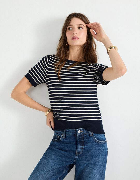 Comprar Online Camisola de Malha às Riscas, Mulher, Azul Escuro