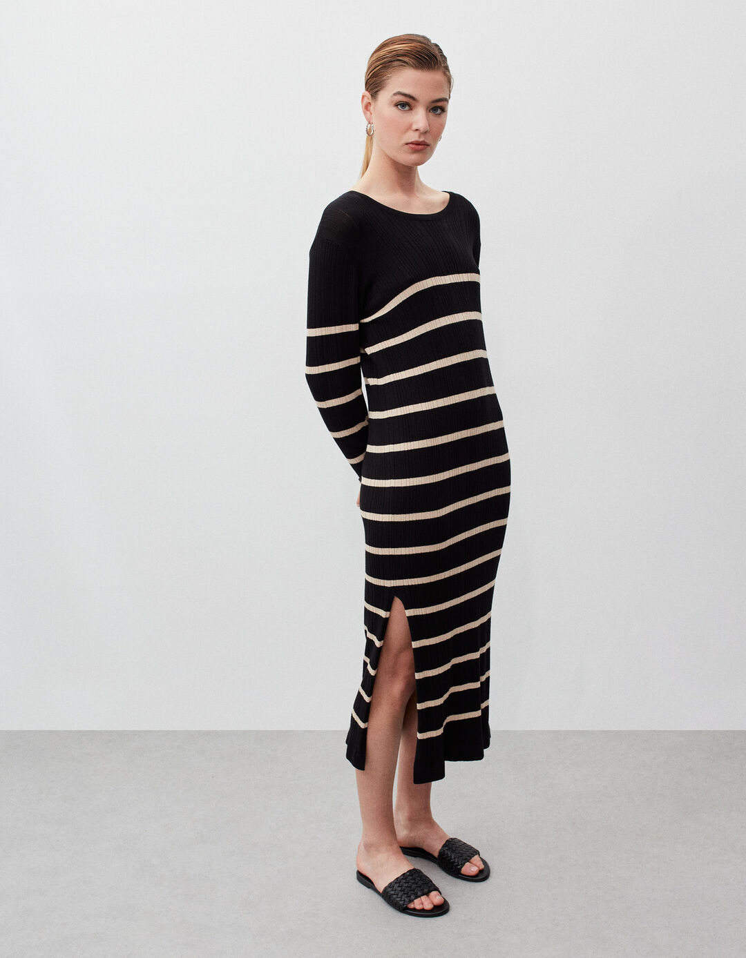 Striped Knit Dress, Woman, Black