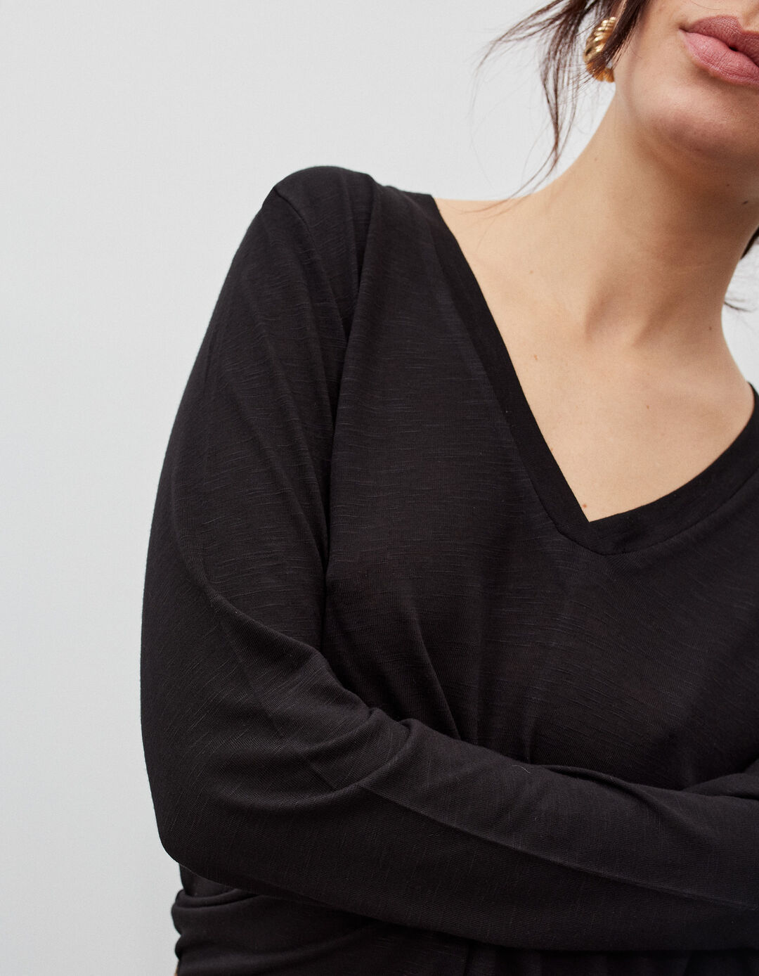 Slub Long Sleeve T-shirt, Woman, Black