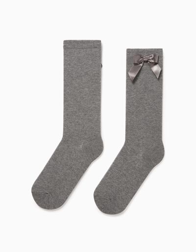 Knee-High Socks for Baby Girls with Bow, Grey