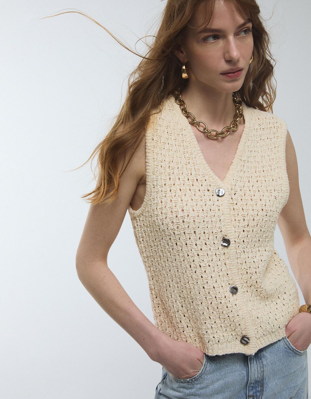 Colete de Malha, Mulher, Bege Claro