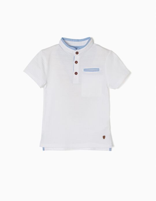 Short-Sleeved Polo Shirt with Mandarin Collar, White