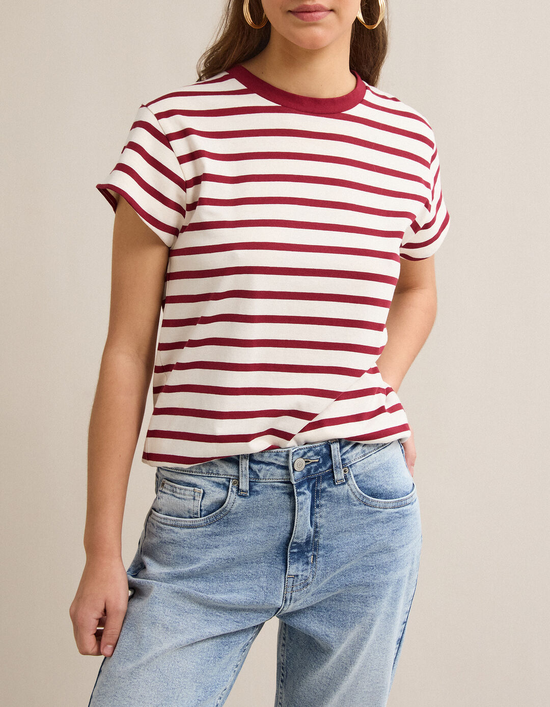 T-shirt Riscas, Mulher, Vermelho Escuro