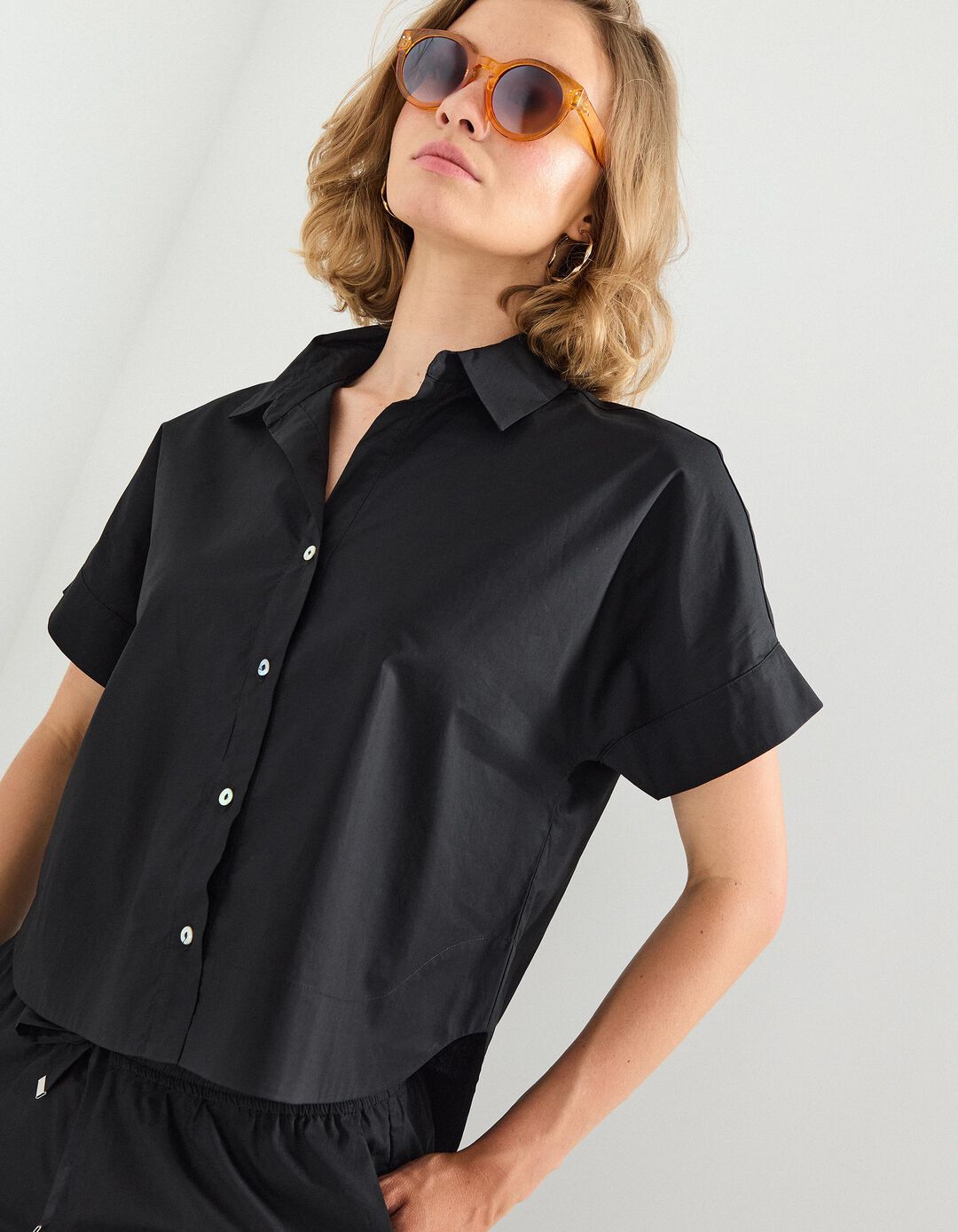 Camisa de Manga Curta, Mulher, Preto 