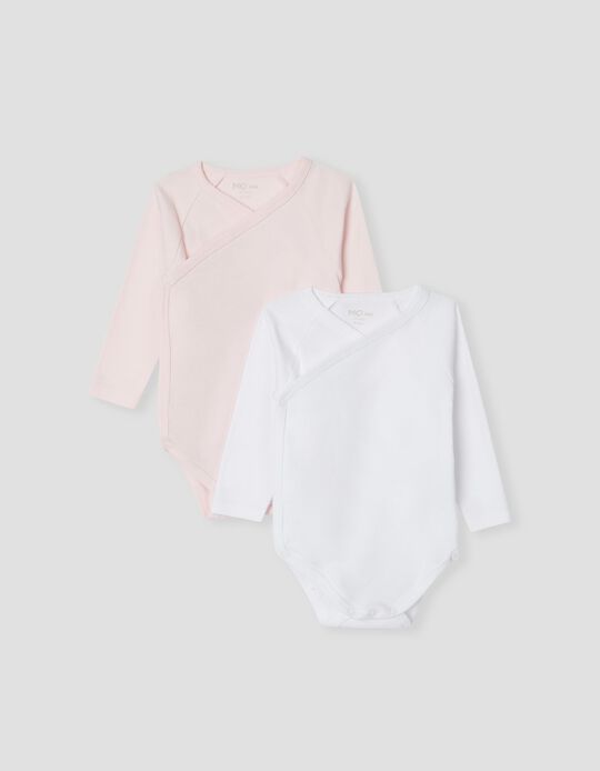 2 Cotton Bodysuits, Babies, White/ Pink