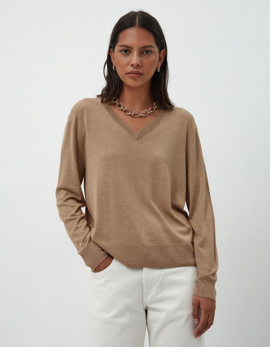 Camisola Mistura de Caxemira Decote em V, Mulher, Bege