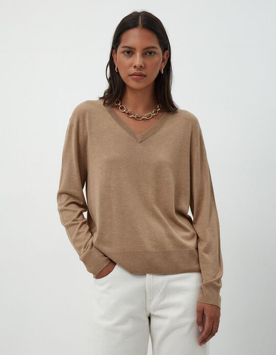 Comprar Online Camisola Mistura de Caxemira Decote em V, Mulher, Bege
