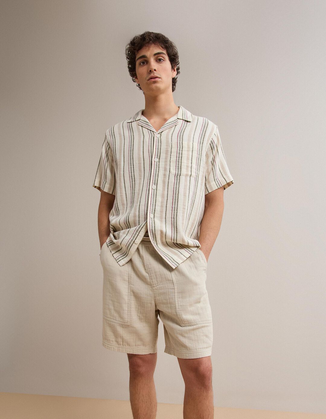 Camisa Riscas, Homem, Bege