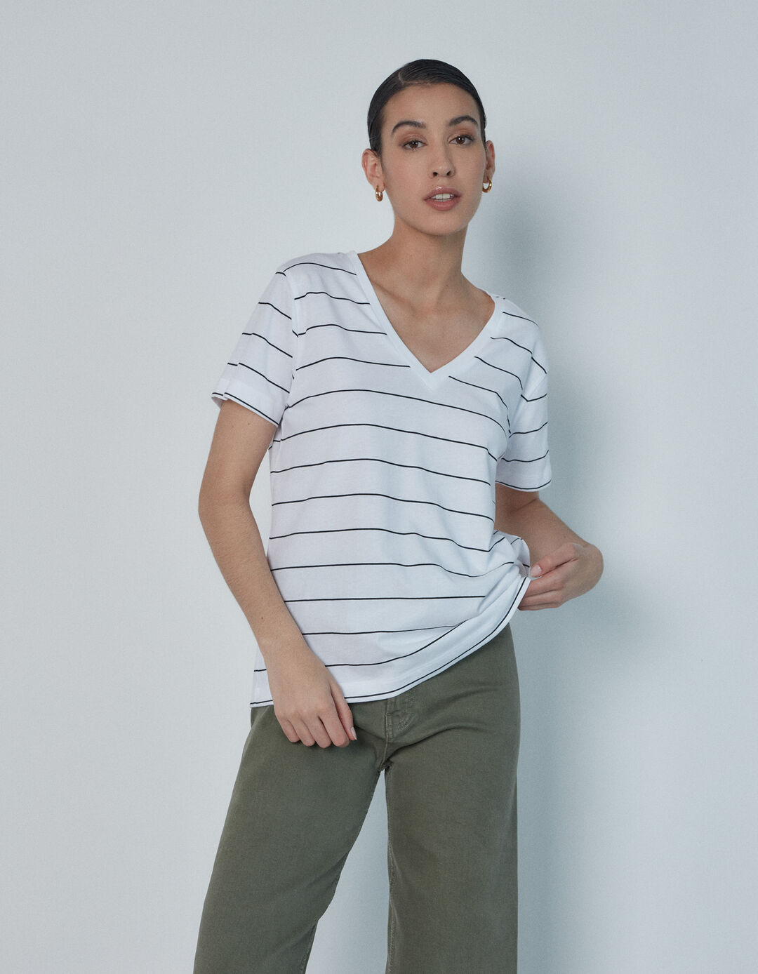 V Neckline Striped T-shirt, Women, White