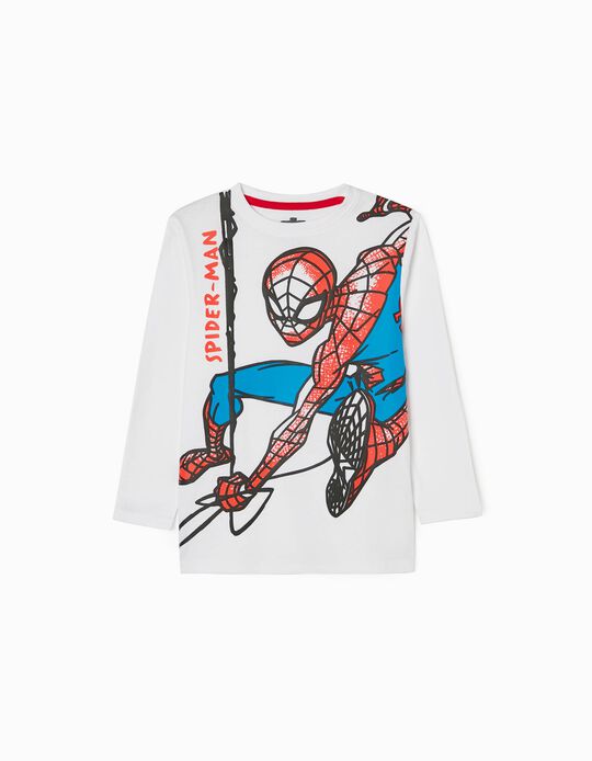 T-shirt de Manga Comprida em Algodão para Menino 'Spiderman', Branco