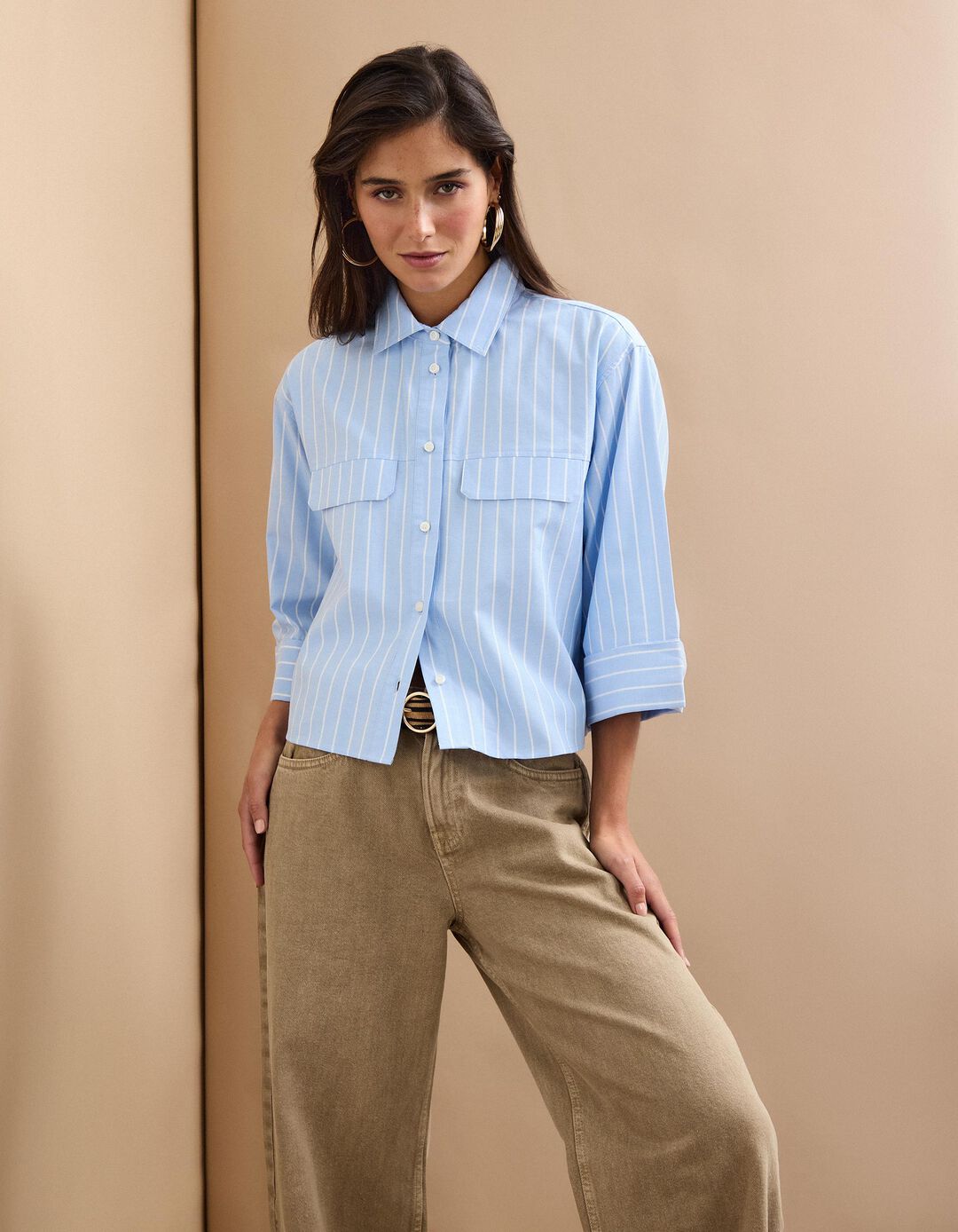 Camisa Oxford às Riscas, Mulher, Azul Claro 
