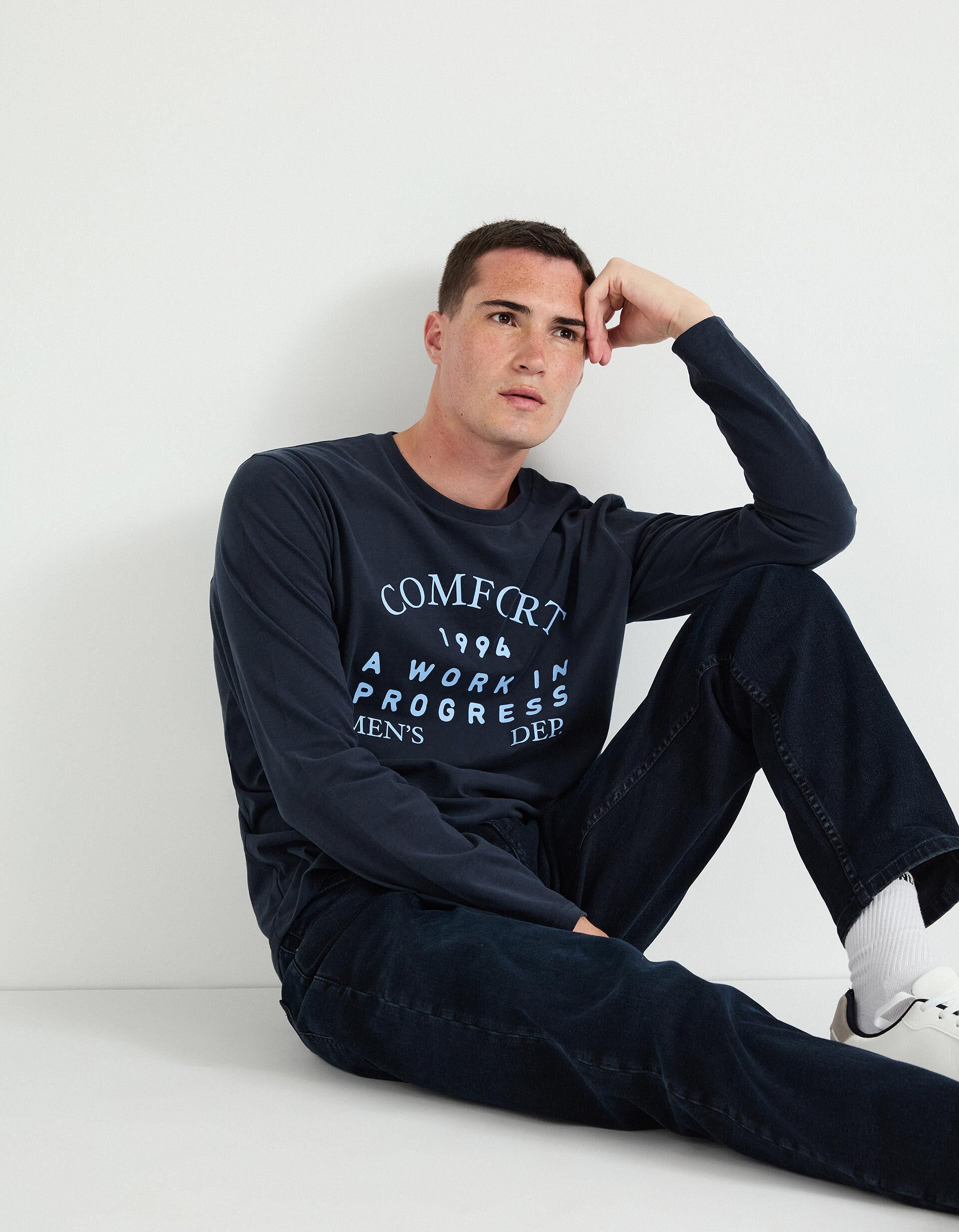 Comprar Online T-shirt de Manga Comprida Estampado, Homem, Azul Escuro