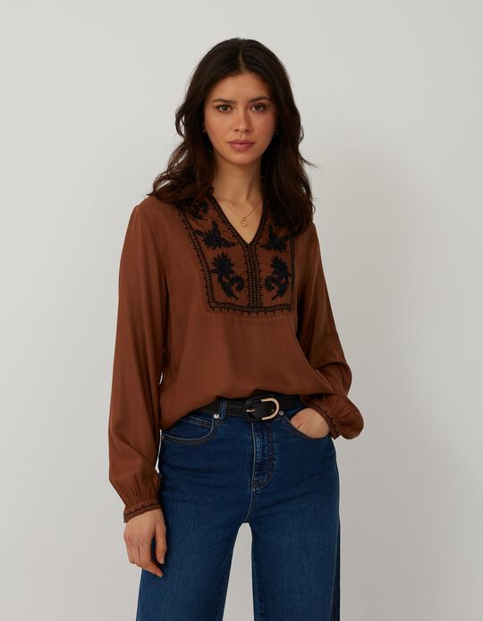 Blouse with Floral Embroidery, Women, Brown