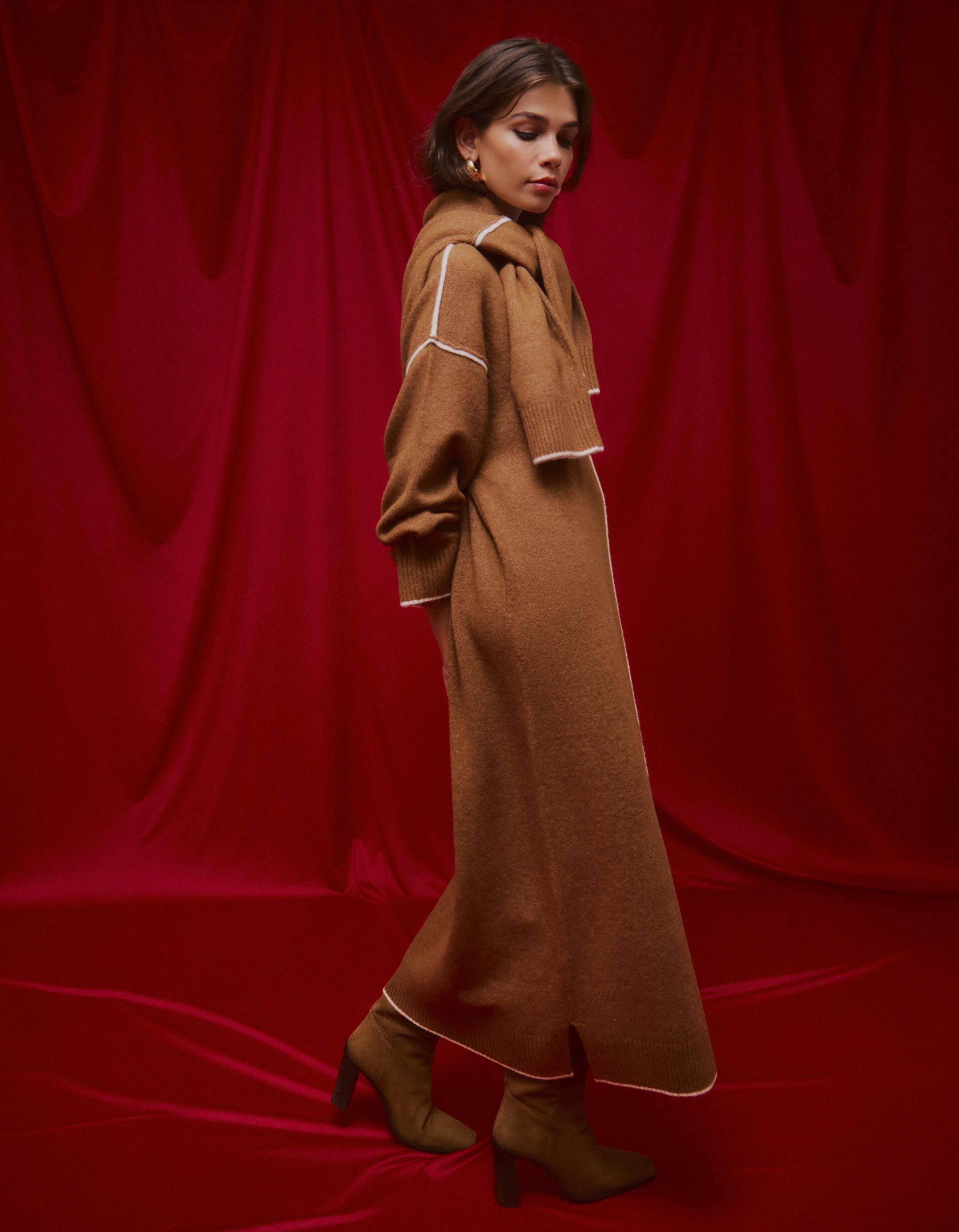 Comprar Online Vestido de Malha com L&atilde;, Mulher, Castanho Claro