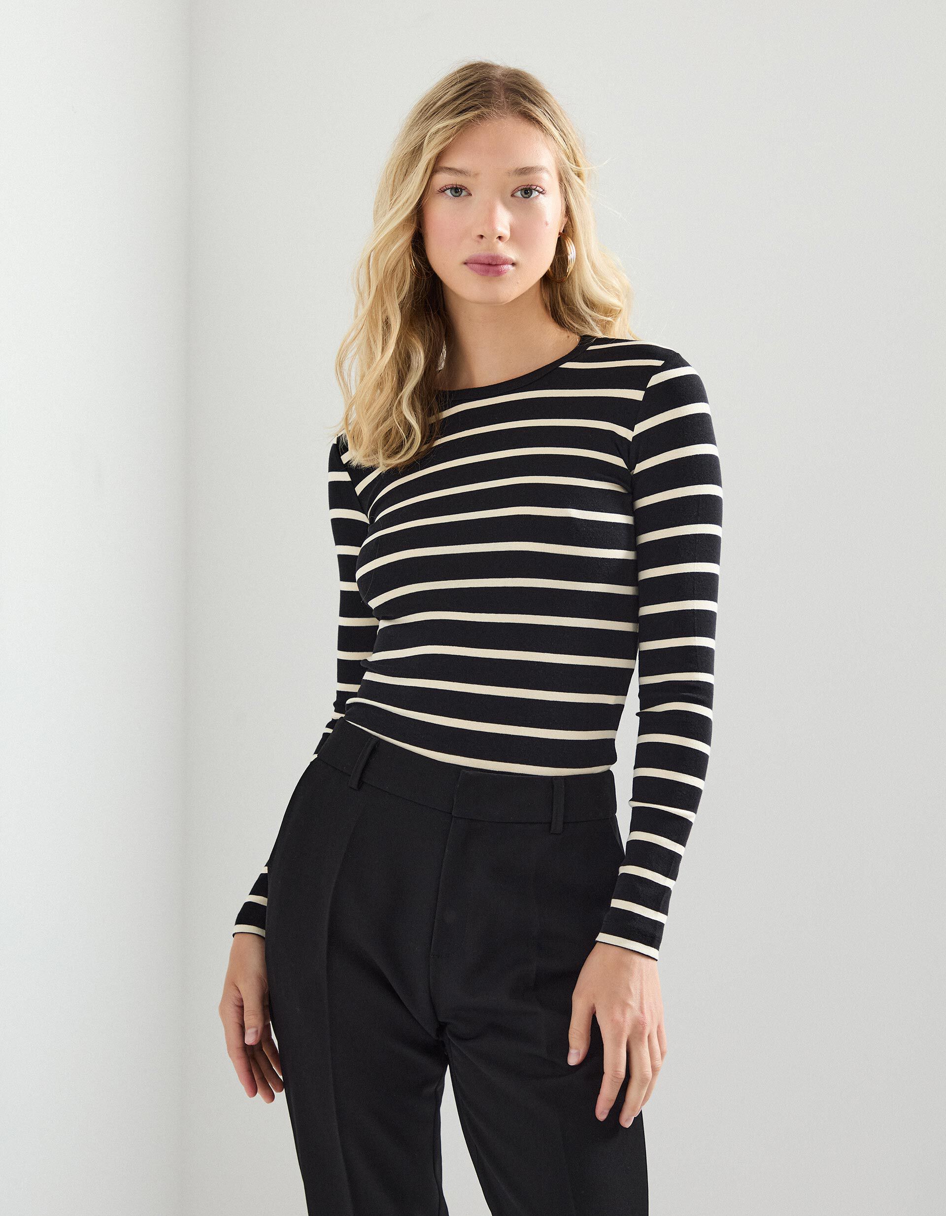 Comprar Online T-shirt de Manga Comprida Riscas, Mulher, Preto