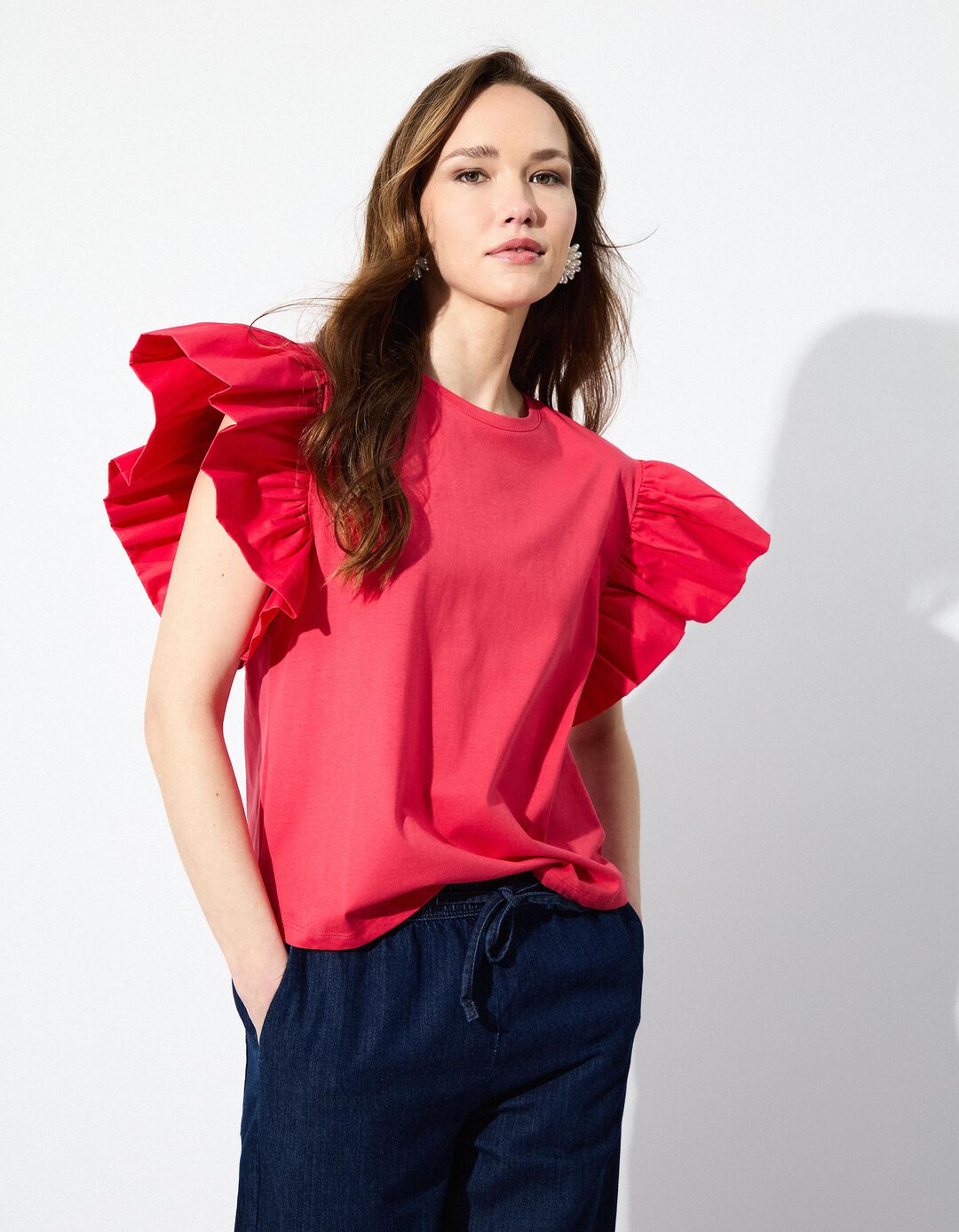 T-shirt com Mangas de Folhos, Mulher, Rosa