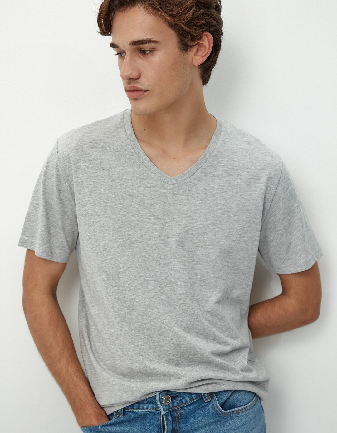 T-shirt Decote em V, Homem, Cinzento Claro