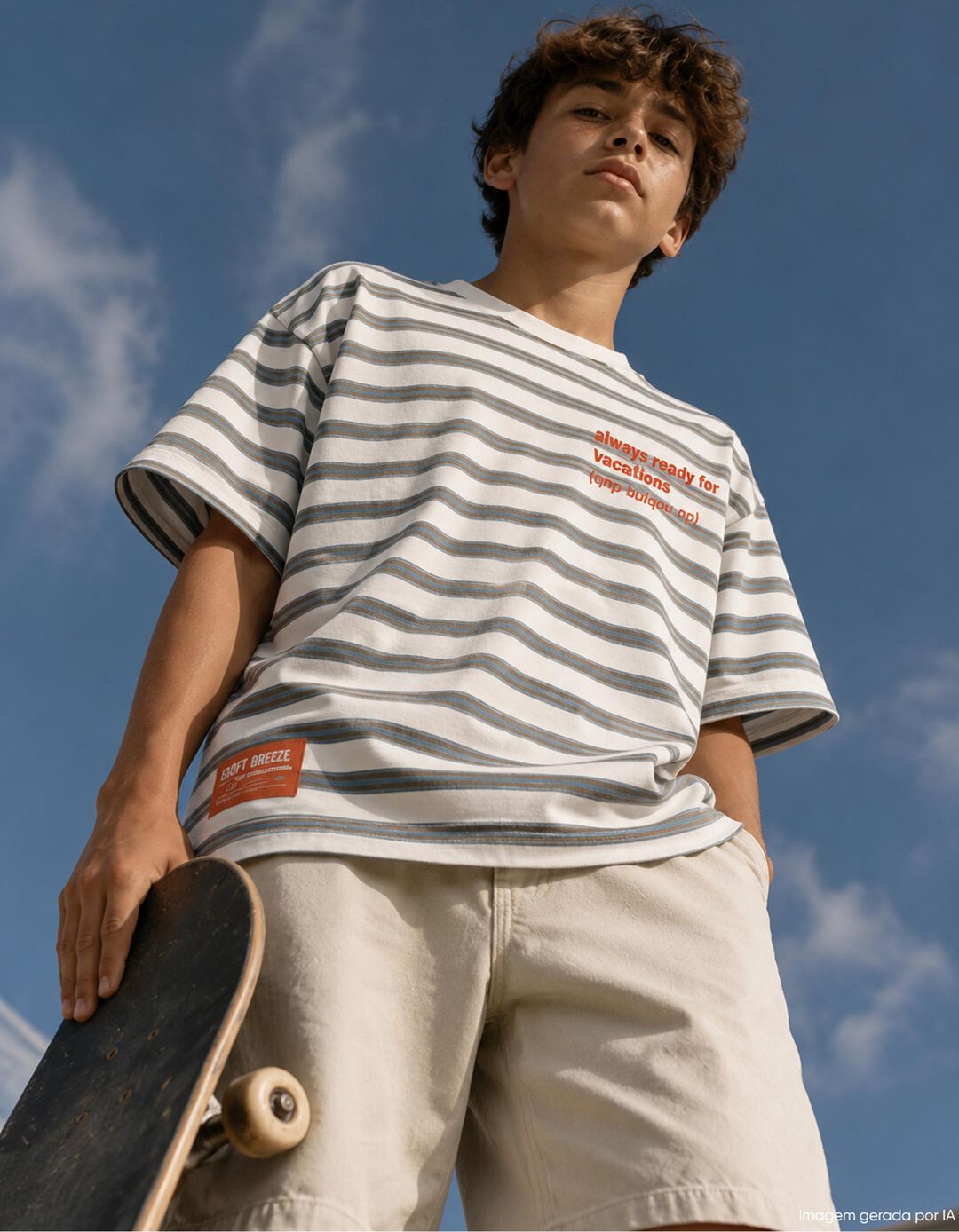 T-shirt &agrave;s Riscas, Menino, Cinzento
