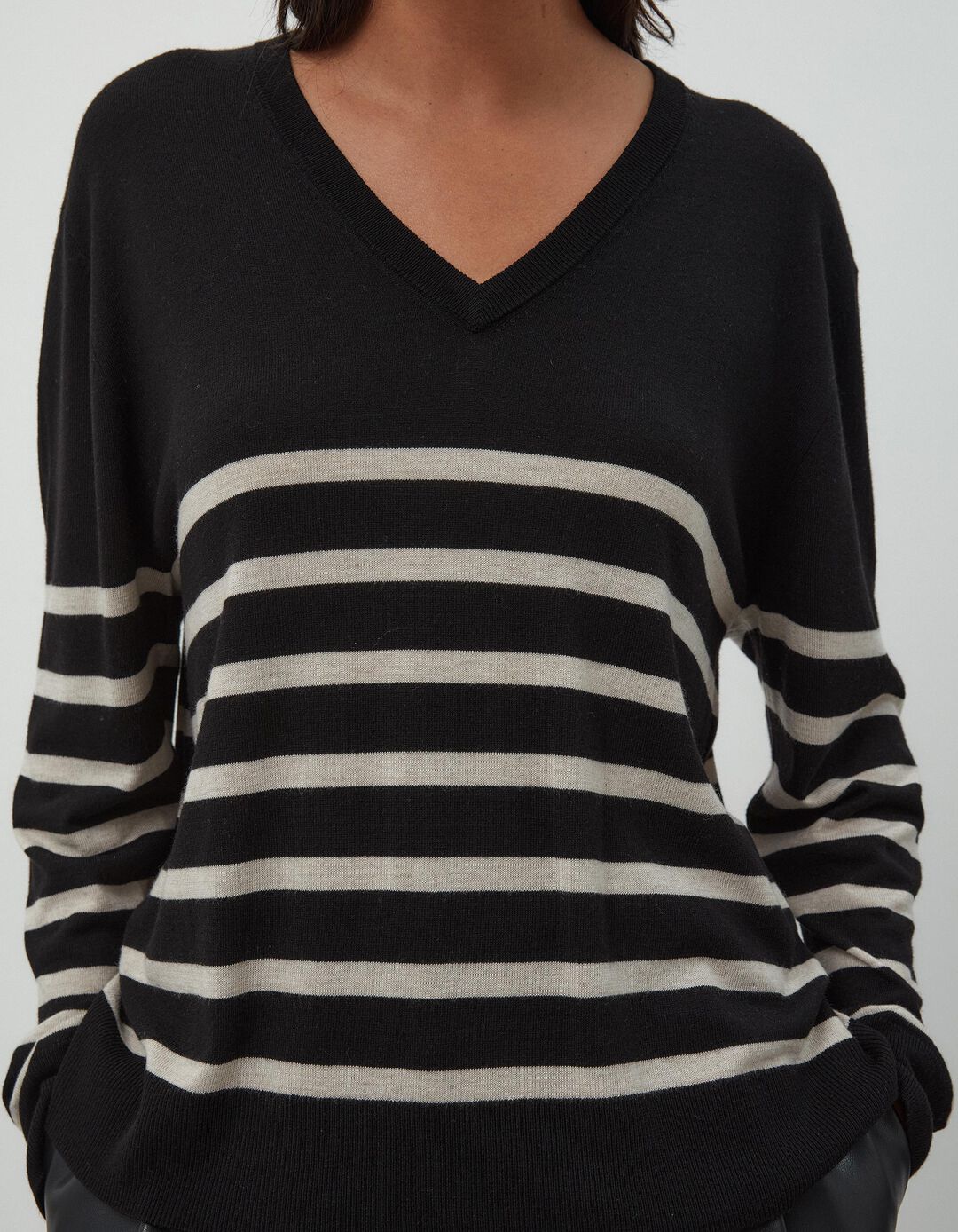 Camisola Mistura de Caxemira Riscas, Mulher, Bege