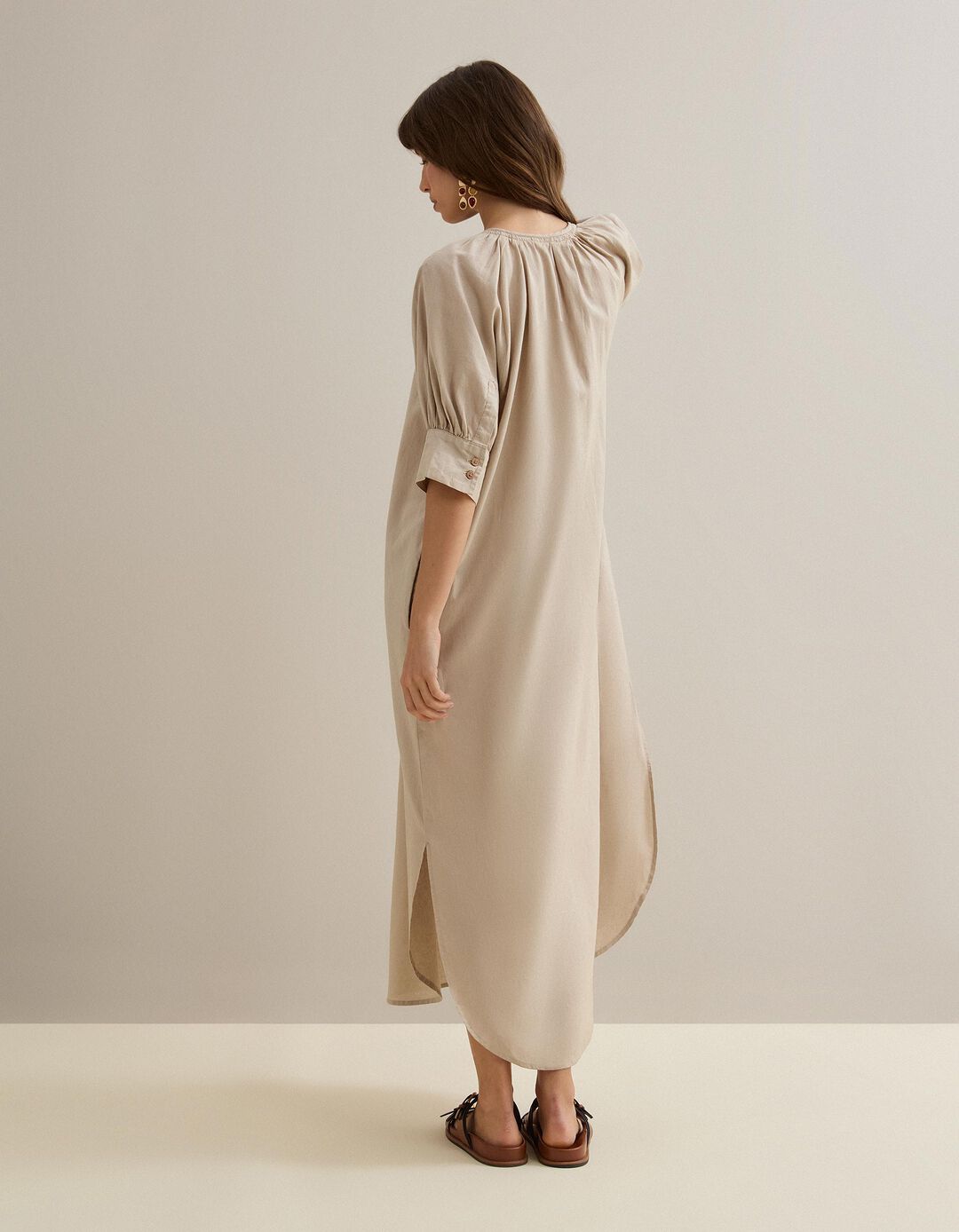 Vestido com Linho, Mulher, Bege