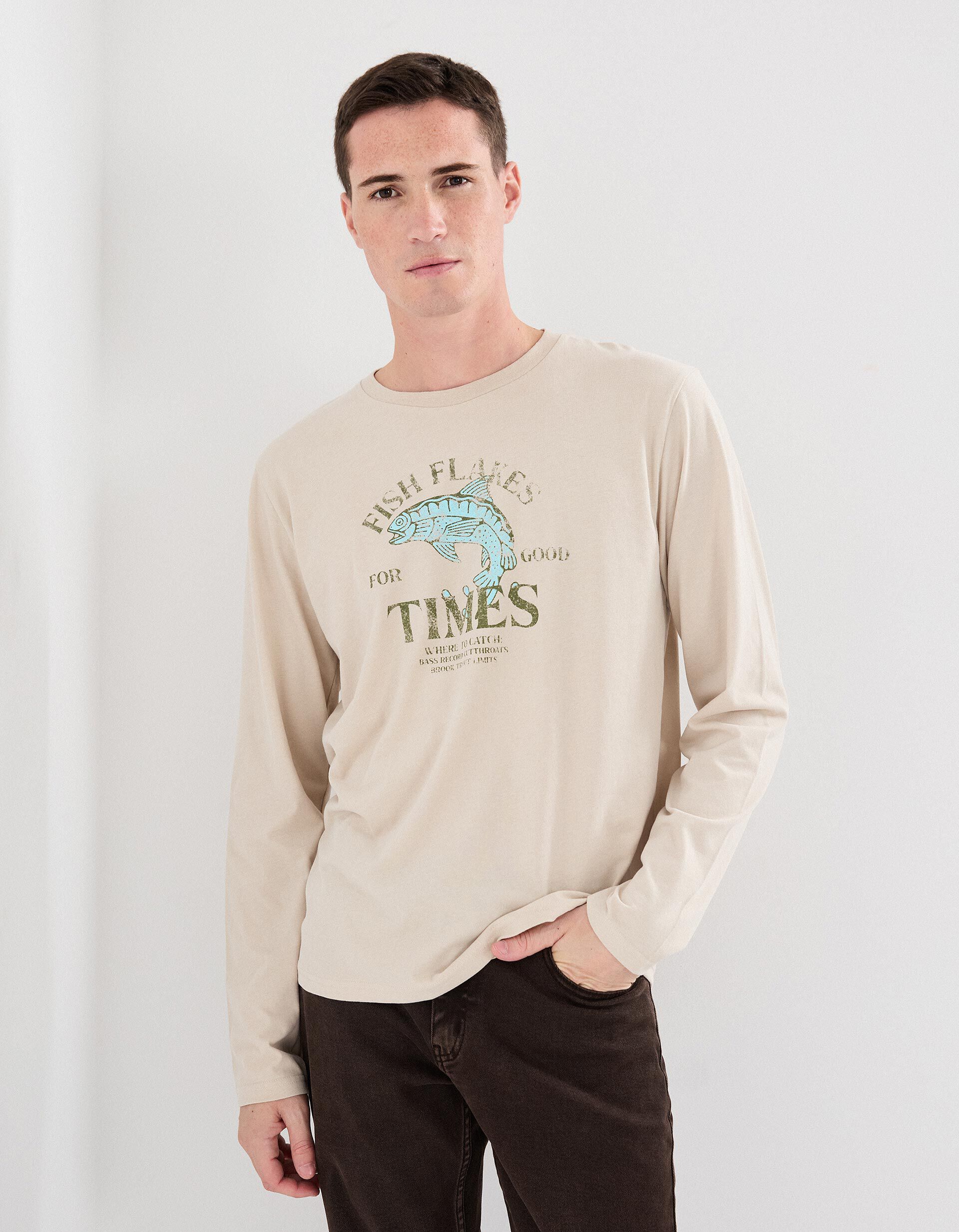 Comprar Online T-shirt Manga Comprida, Homem, Bege Claro