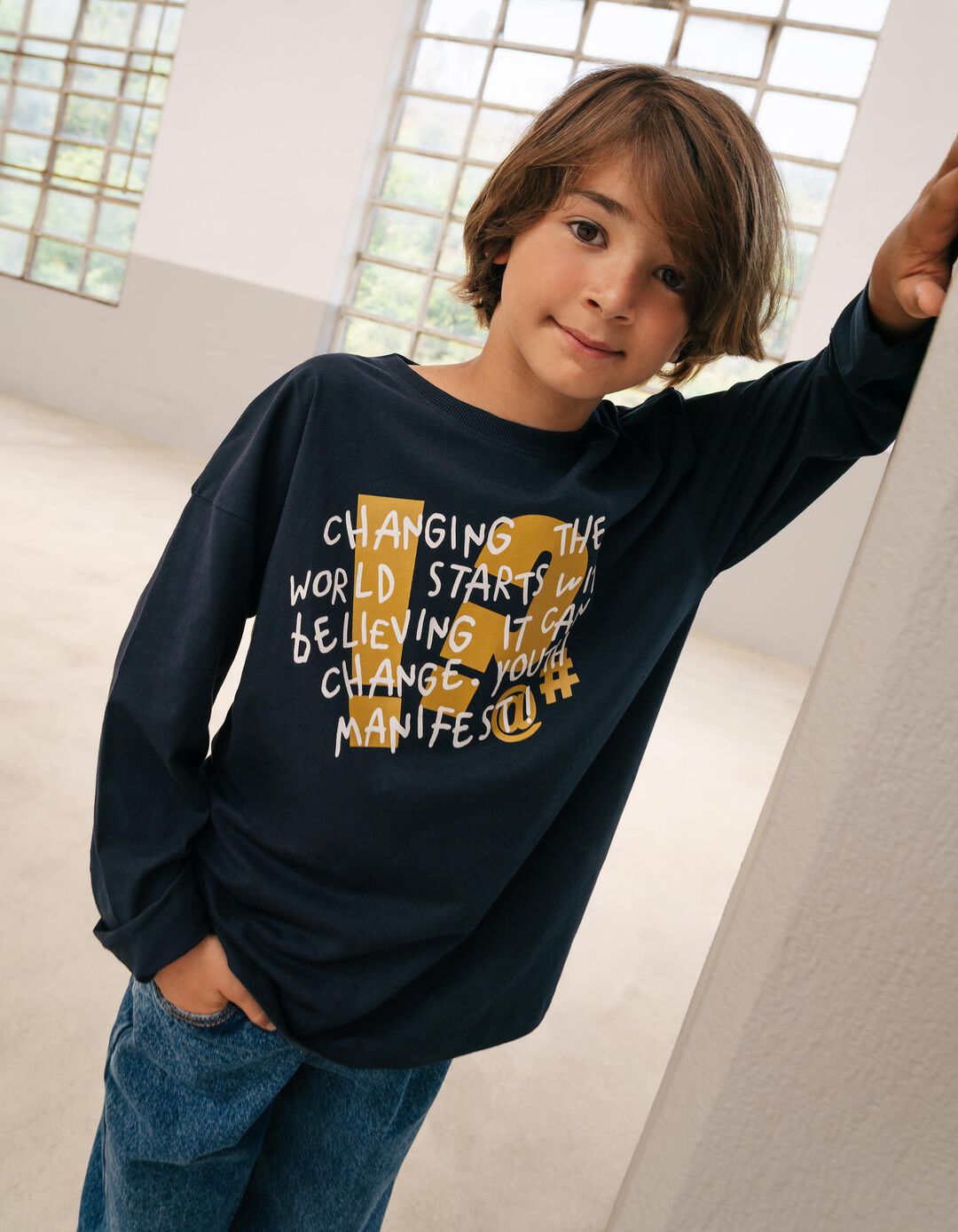 T-shirt Estampada Manga Comprida, Menino, Azul Escuro