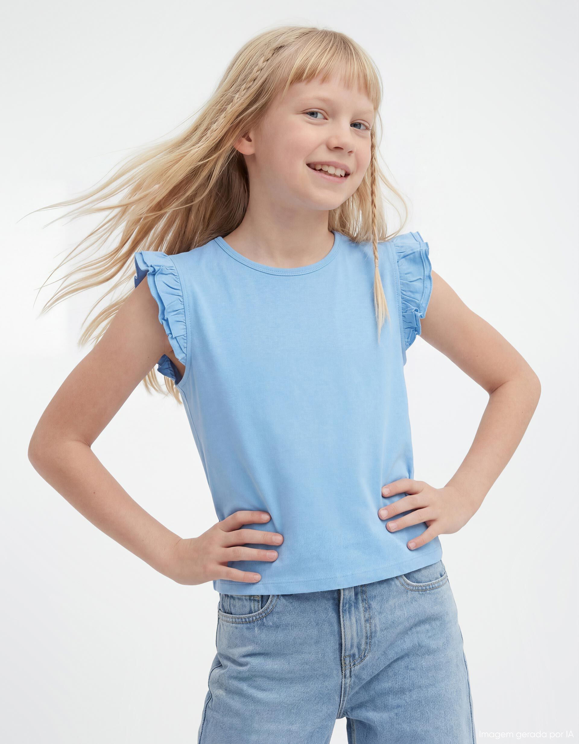 Comprar Online T-shirt Folhos, Menina, Azul Claro