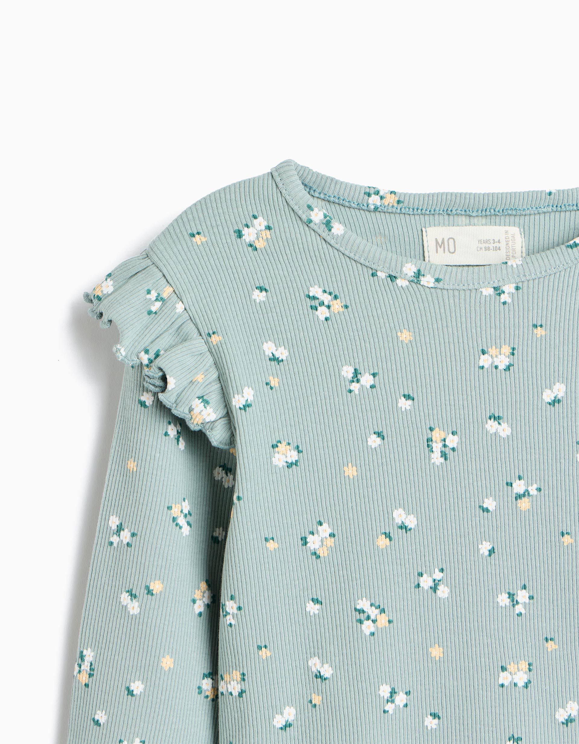 Comprar Online Camisola Canelada Com Flores, Menina, Verde Claro