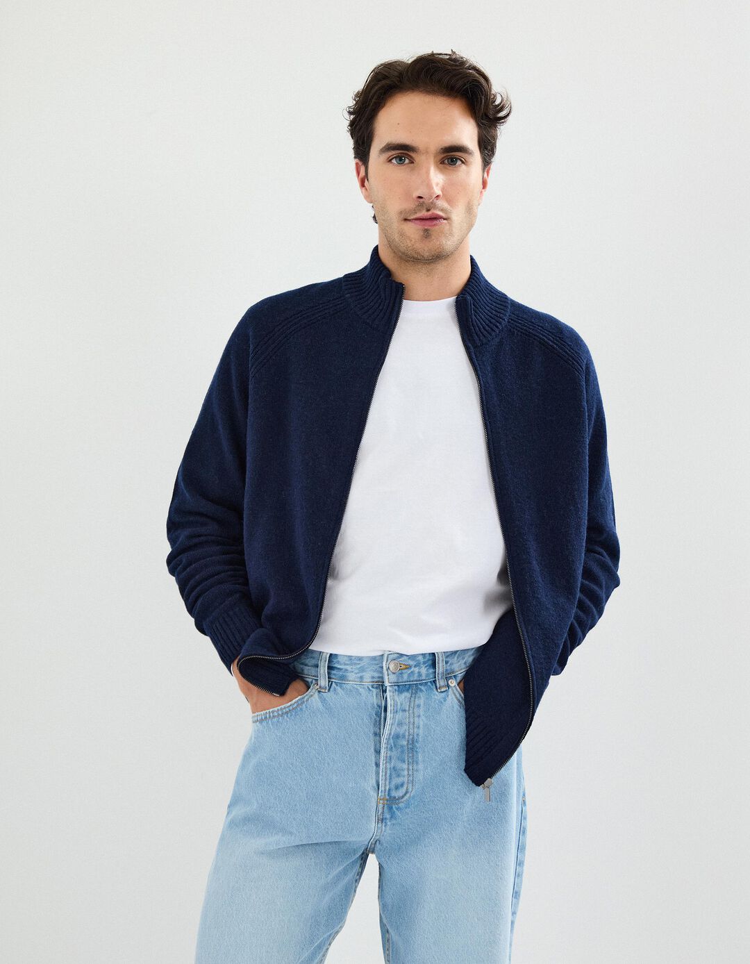 Casaco de Fecho com Lã, Homem, Azul Escuro