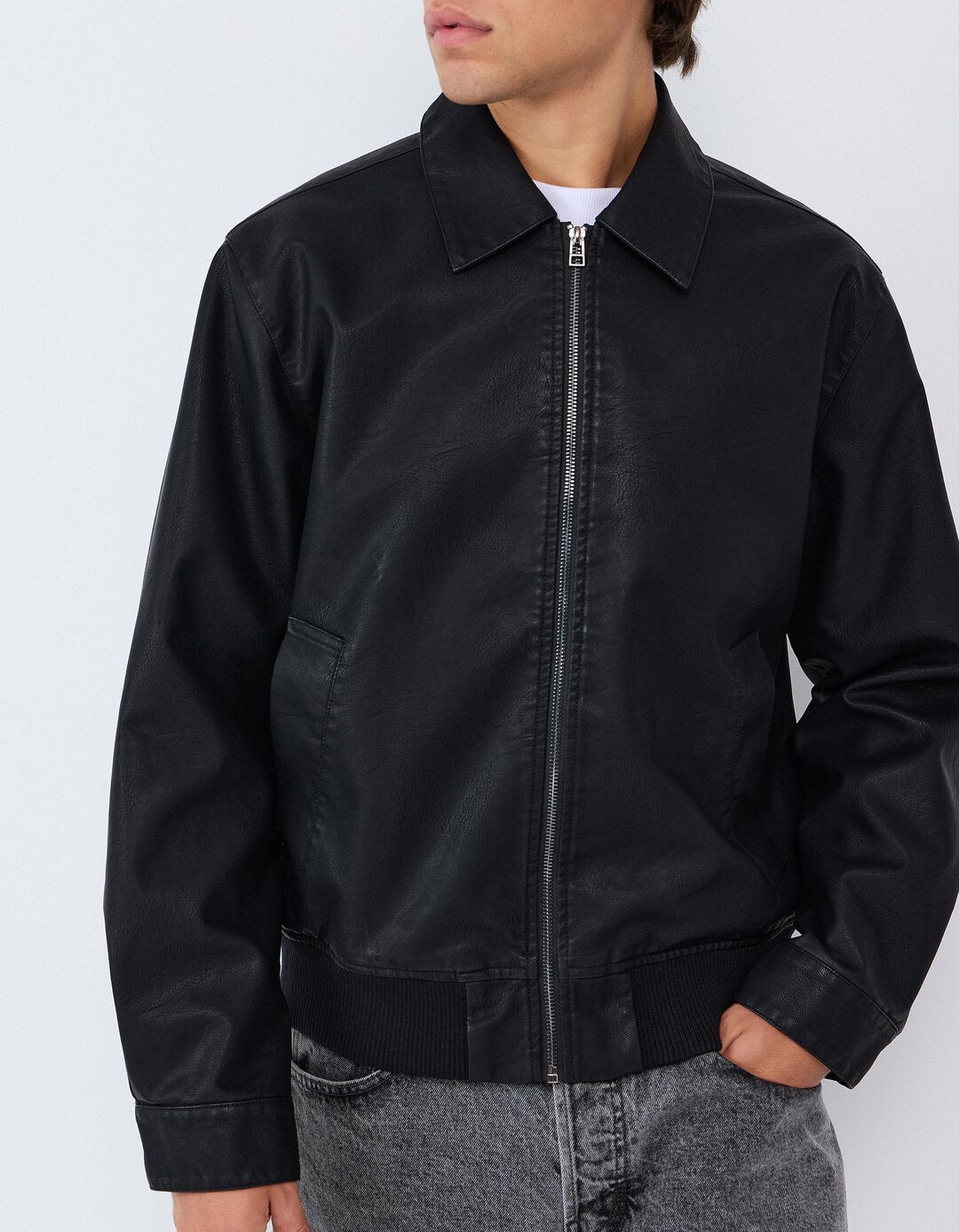 Casaco Bomber De Couro, Homem, Preto