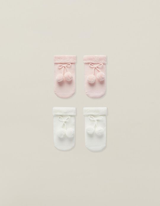2 Pairs of Cuffed Socks for Baby Girls, White/Pink