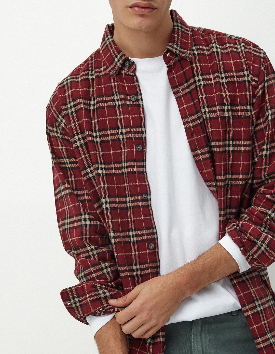 Camisa de Manga Comprida Xadrez Flanela, Homem, Vermelho Escuro